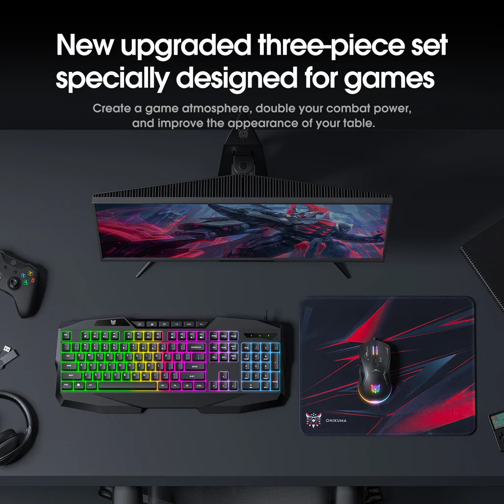 مجموعة ألعاب ONIKUMA TZ3006 3 في 1 مع لوحة مفاتيح RGB وماوس USB ولوحة ماوس - أسود