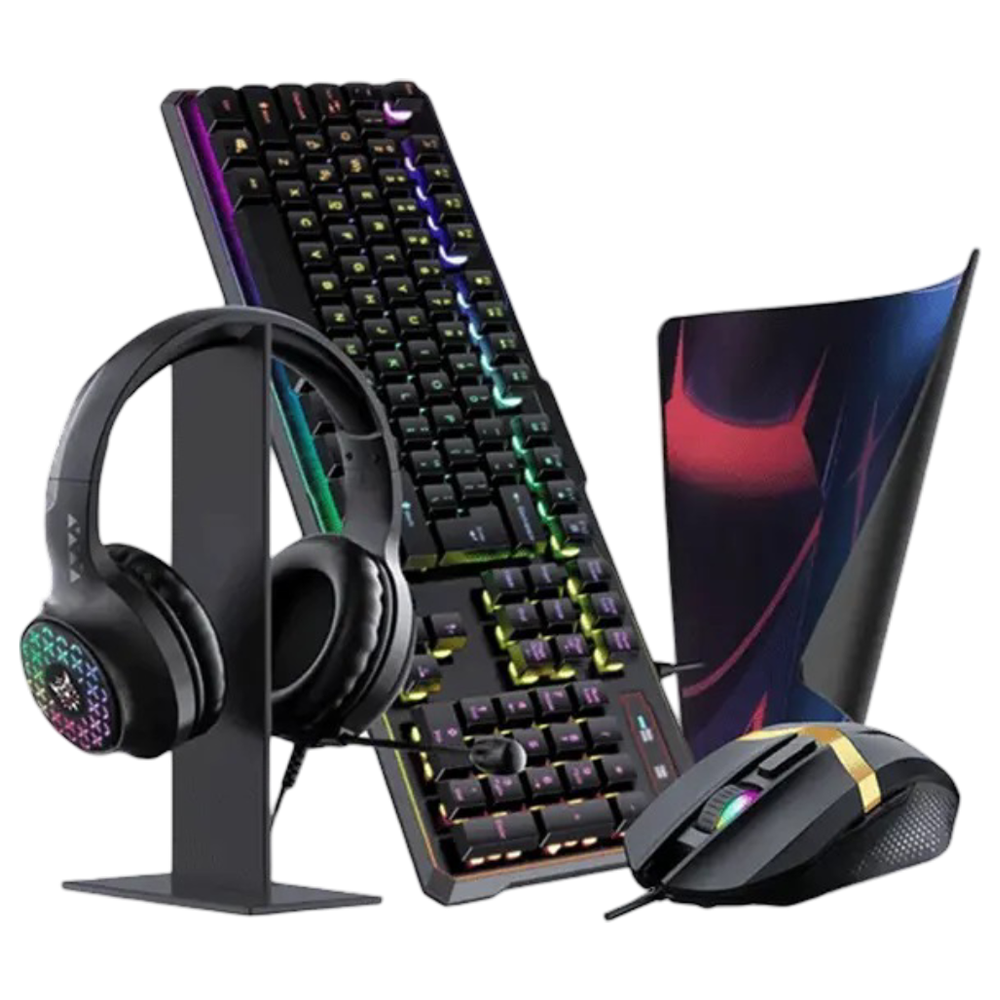 ONIKUMA TZ5006 5-in-1 Gaming Combo with RGB Keyboard, USB Mouse, Headset, Mouse Pad, and Audio Splitter – Black