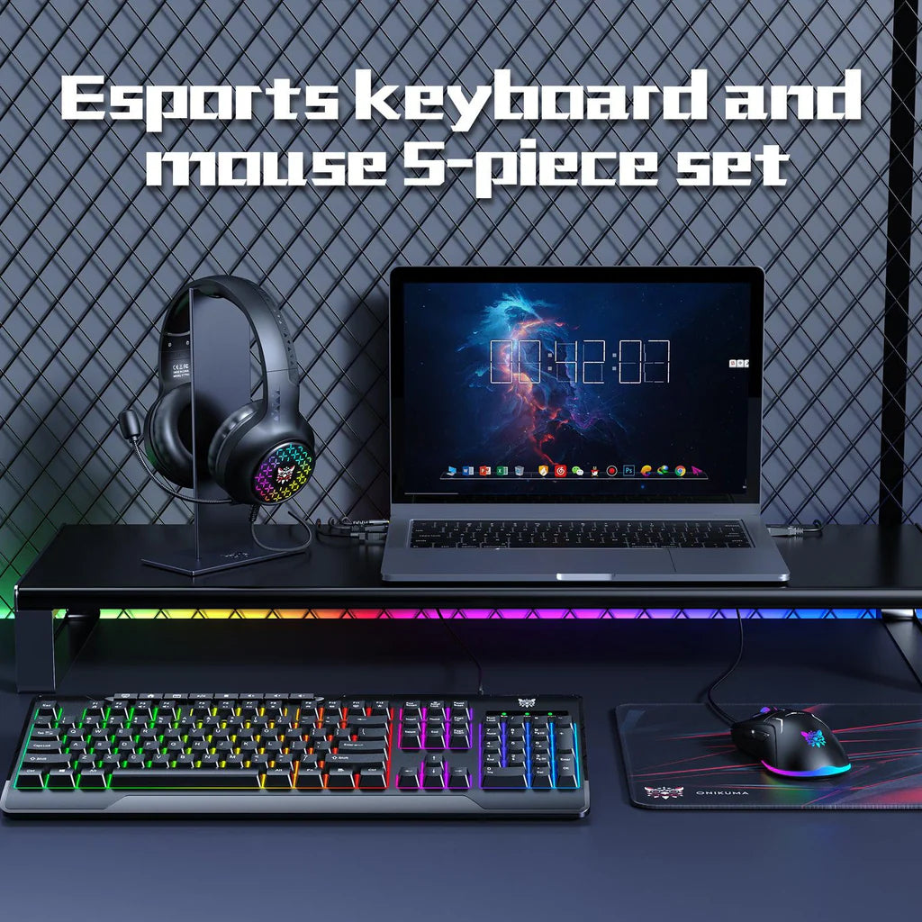 مجموعة ألعاب ONIKUMA TZ5006 5 في 1 مع لوحة مفاتيح RGB، وماوس USB، وسماعة رأس، ولوحة ماوس، وموزع صوت - أسود