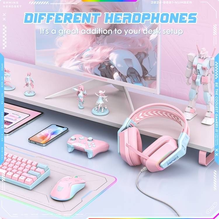 سماعات رأس سلكية للألعاب ONIKUMA X13 مزودة بإضاءة RGB وميكروفون مدمج ومنفذ USB ومنفذ 3.5 مم وكابل بطول 2.2 متر - وردي