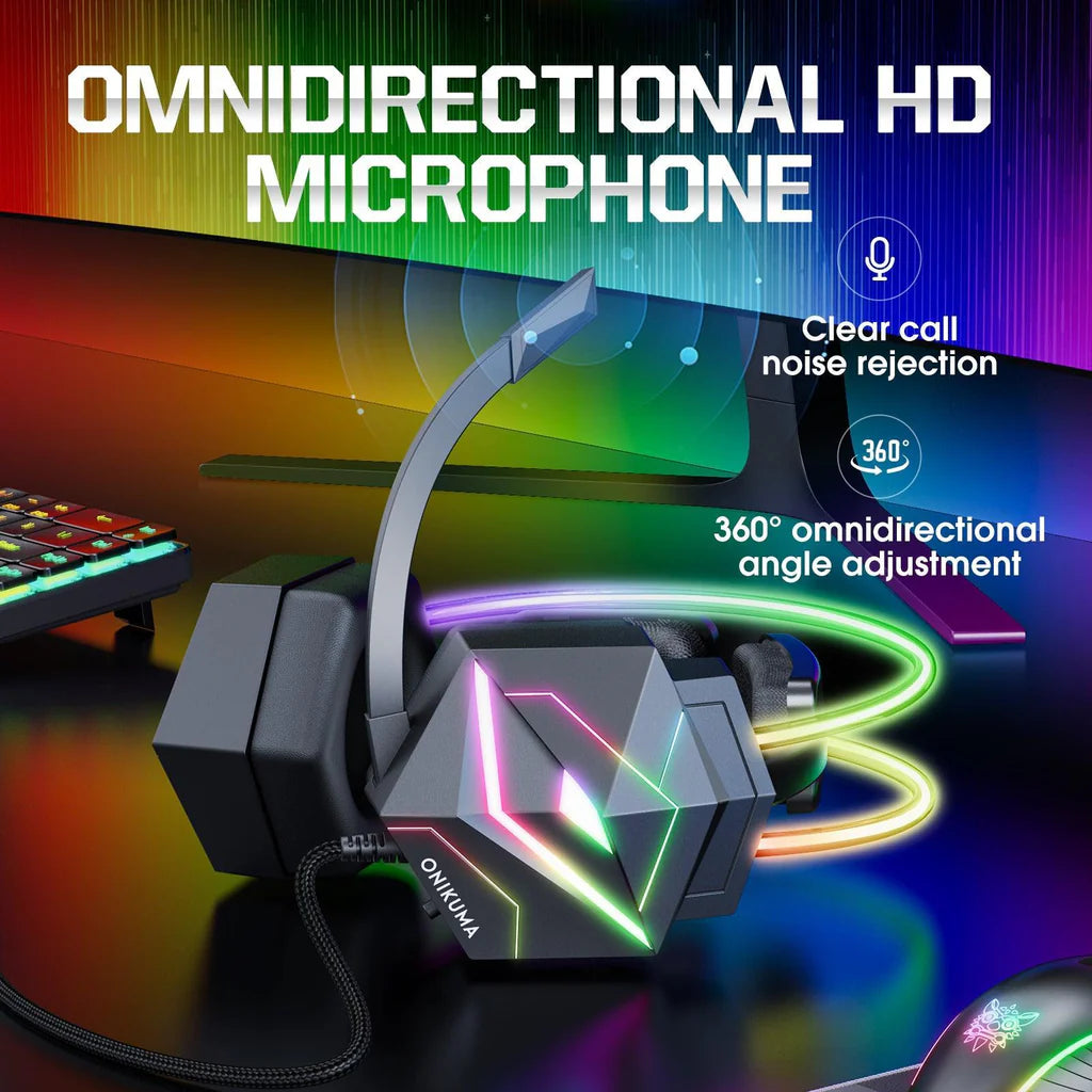 سماعة الألعاب السلكية ONIKUMA X20 بصوت محيطي 7.1، وإضاءة RGB، ومنفذ USB ومنفذ 3.5 مم، وكابل بطول 2.2 متر - أسود