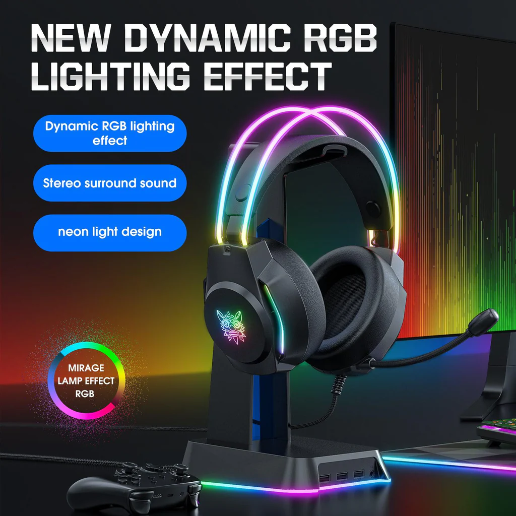 سماعة الألعاب السلكية ONIKUMA X26 مع إضاءة RGB وخاصية تقليل الضوضاء ومنفذ USB ومنفذ 3.5 مم وكابل بطول 2 متر - أسود