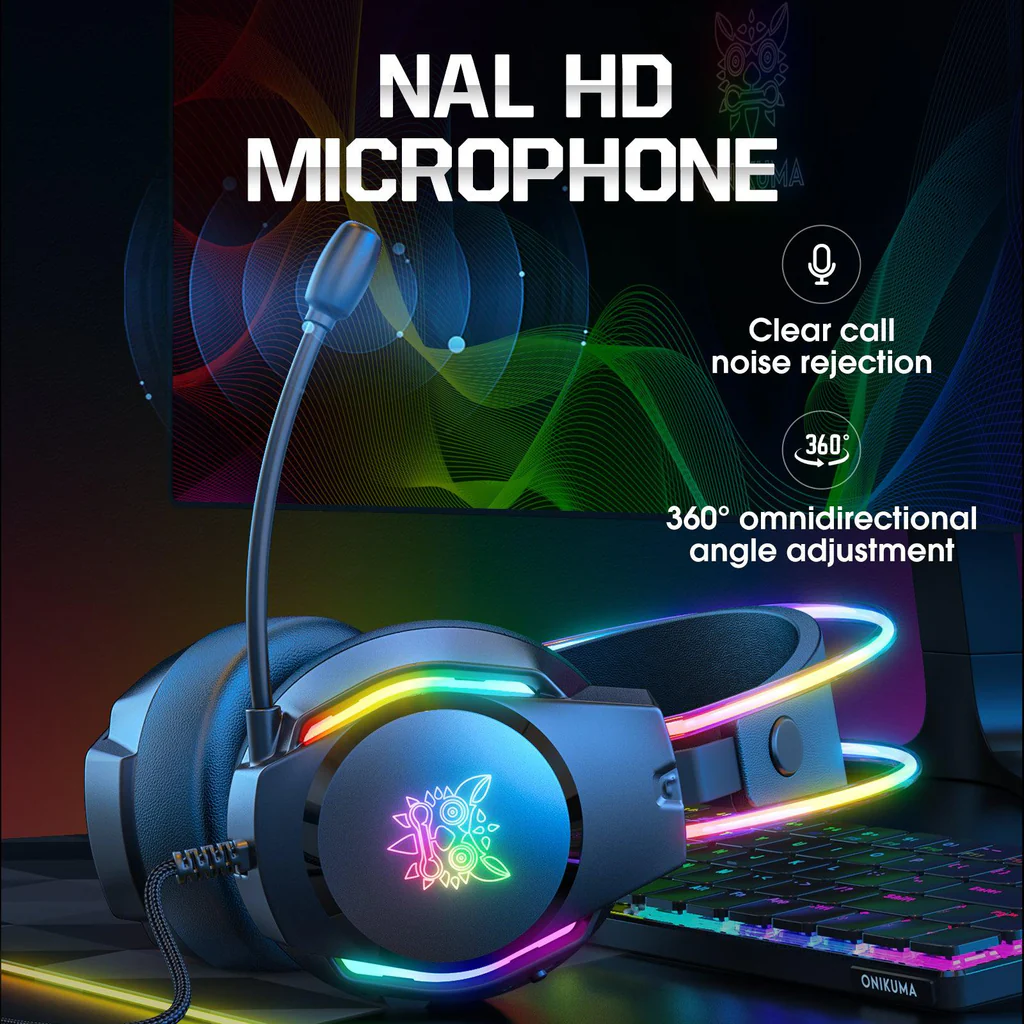 سماعة الألعاب السلكية ONIKUMA X26 مع إضاءة RGB وخاصية تقليل الضوضاء ومنفذ USB ومنفذ 3.5 مم وكابل بطول 2 متر - أسود