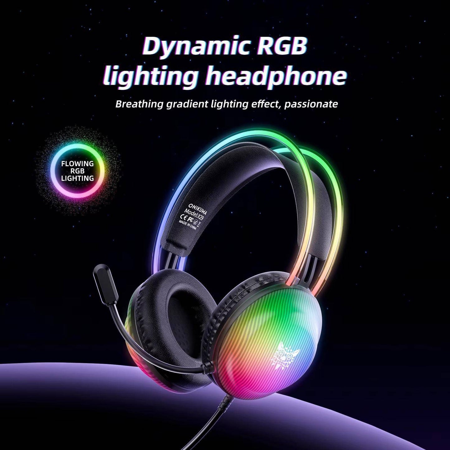 سماعة الألعاب السلكية ONIKUMA X29 مع إضاءة RGB وميكروفون لتقليل الضوضاء وكابل بطول 2.2 متر - أسود