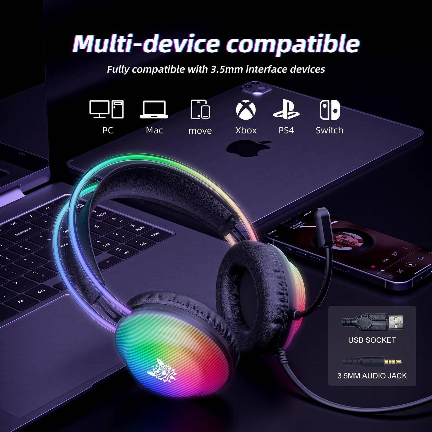 سماعة الألعاب السلكية ONIKUMA X29 مع إضاءة RGB وميكروفون لتقليل الضوضاء وكابل بطول 2.2 متر - أسود