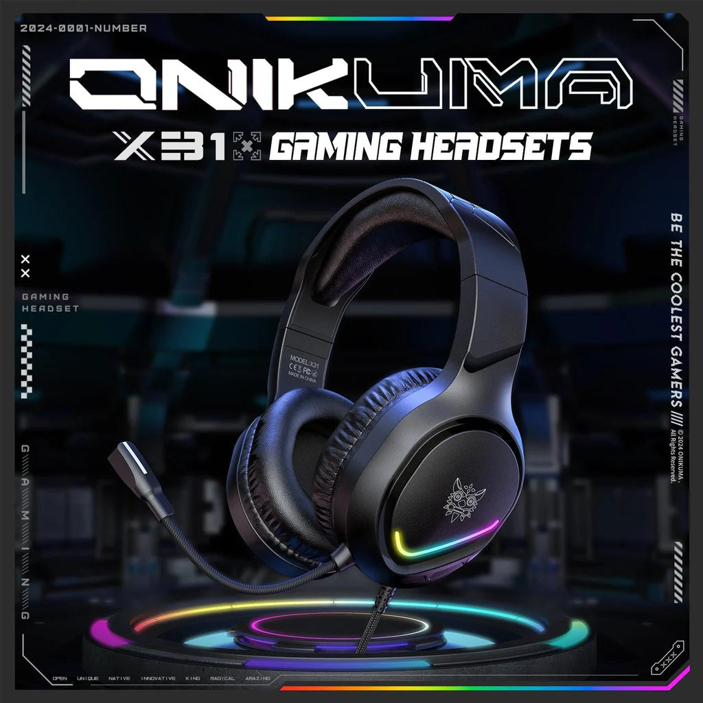 سماعة الألعاب السلكية ONIKUMA X31 مع إضاءة RGB ثابتة، وميكروفون ENC، ومقبس مزدوج، وكابل بطول 2.2 متر - أسود
