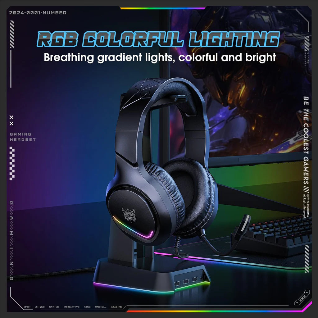 سماعة الألعاب السلكية ONIKUMA X31 مع إضاءة RGB ثابتة، وميكروفون ENC، ومقبس مزدوج، وكابل بطول 2.2 متر - أسود