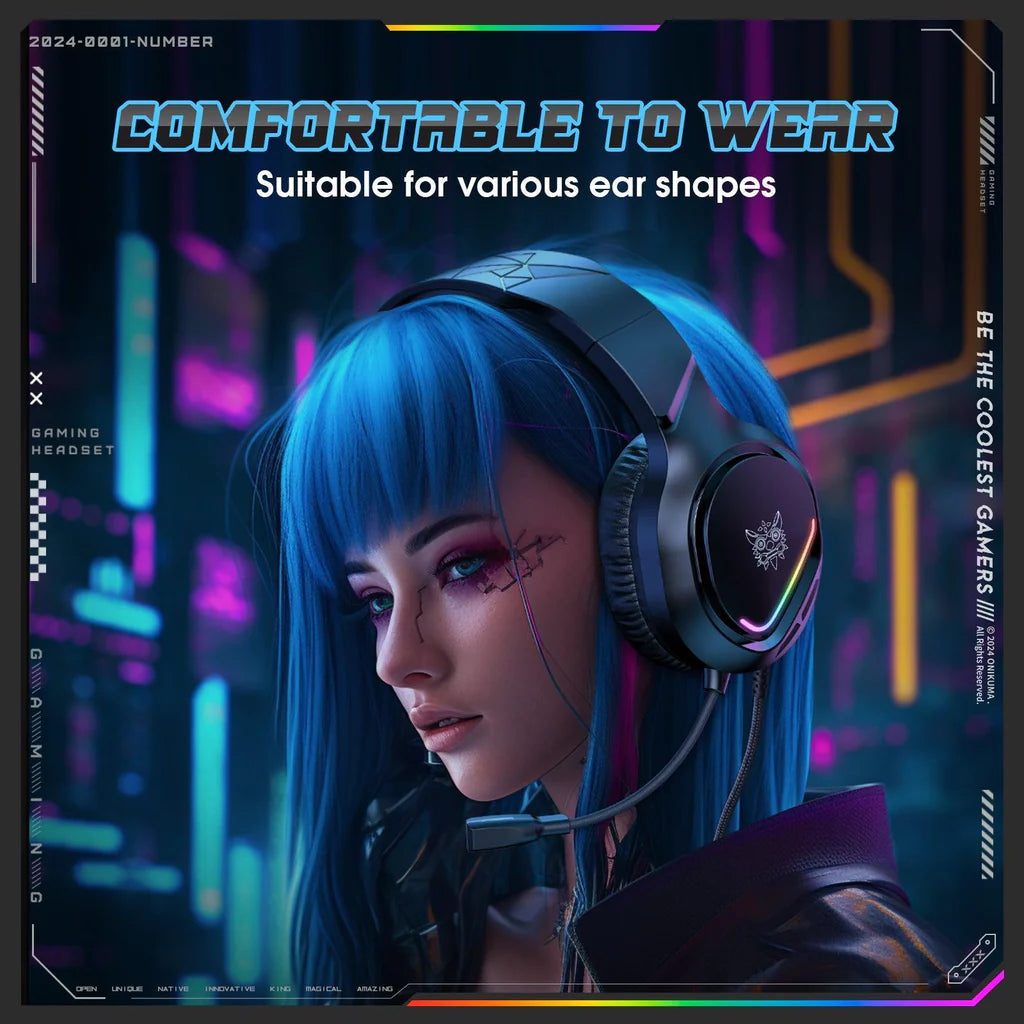 سماعة الألعاب السلكية ONIKUMA X31 مع إضاءة RGB ثابتة، وميكروفون ENC، ومقبس مزدوج، وكابل بطول 2.2 متر - أسود