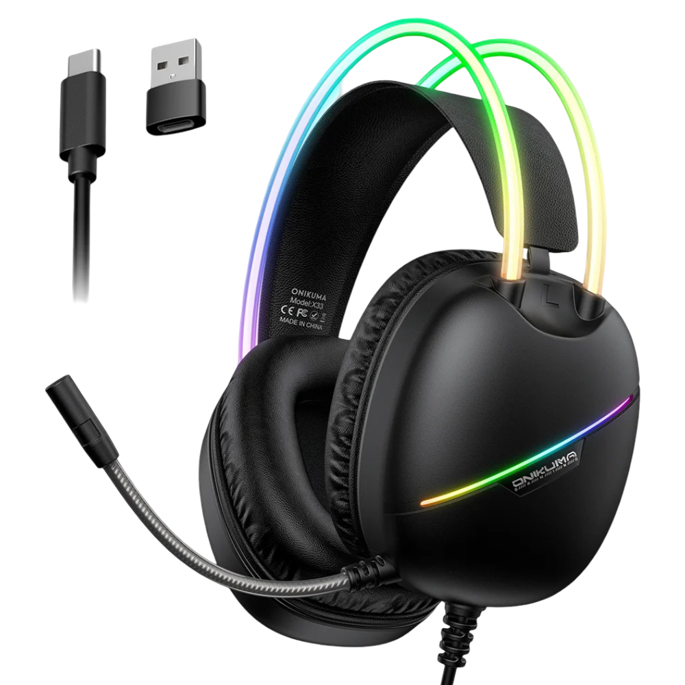 ONIKUMA X33 Wired Gaming Headset with 50mm Drivers, Type-C Connection, RGB Lighting, and 2.2m USB Cable – Black