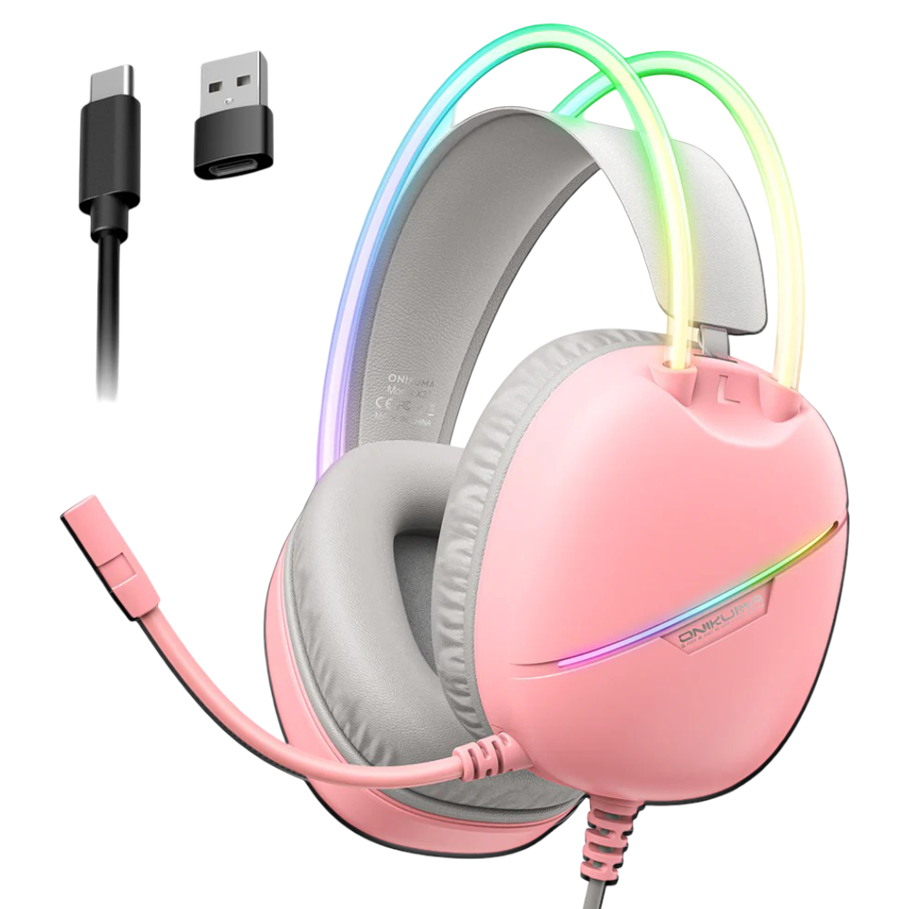 ONIKUMA X33 Wired Gaming Headset with 50mm Drivers, Type-C Connection, RGB Lighting, and 2.2m USB Cable – Pink