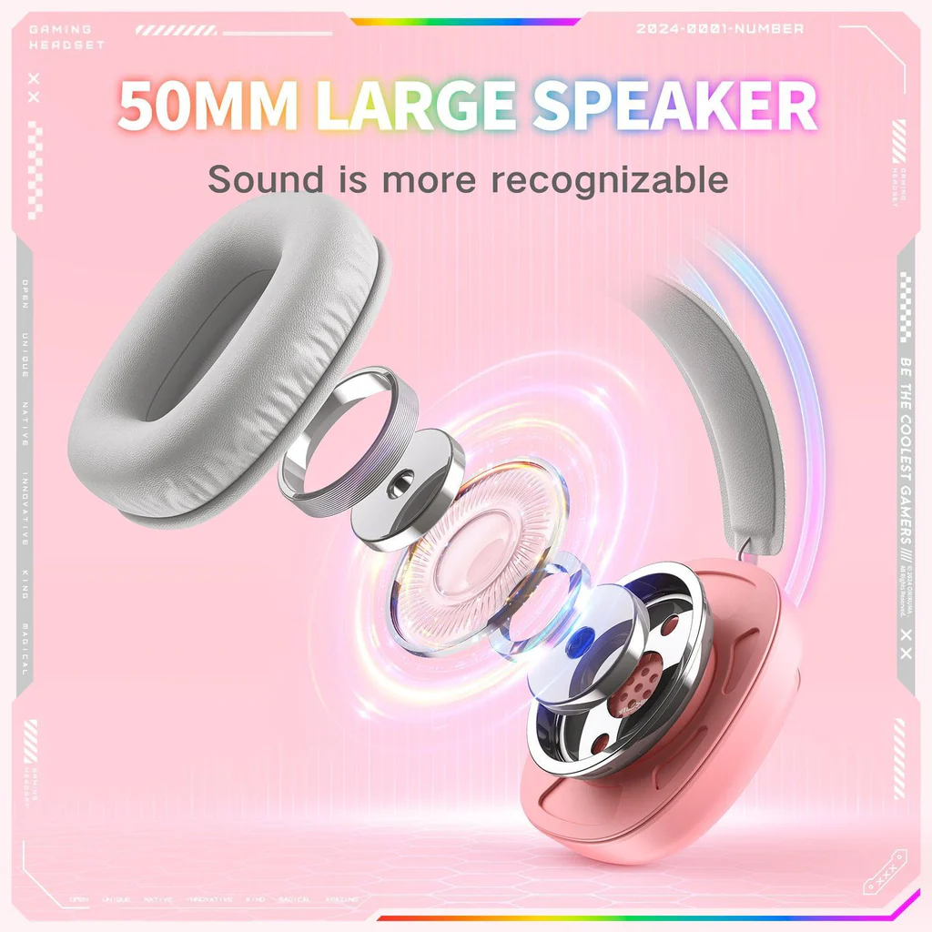 سماعة الألعاب السلكية ONIKUMA X33 مع مشغلات 50 مم، ووصلة من النوع C، وإضاءة RGB، وكابل USB بطول 2.2 متر - وردي