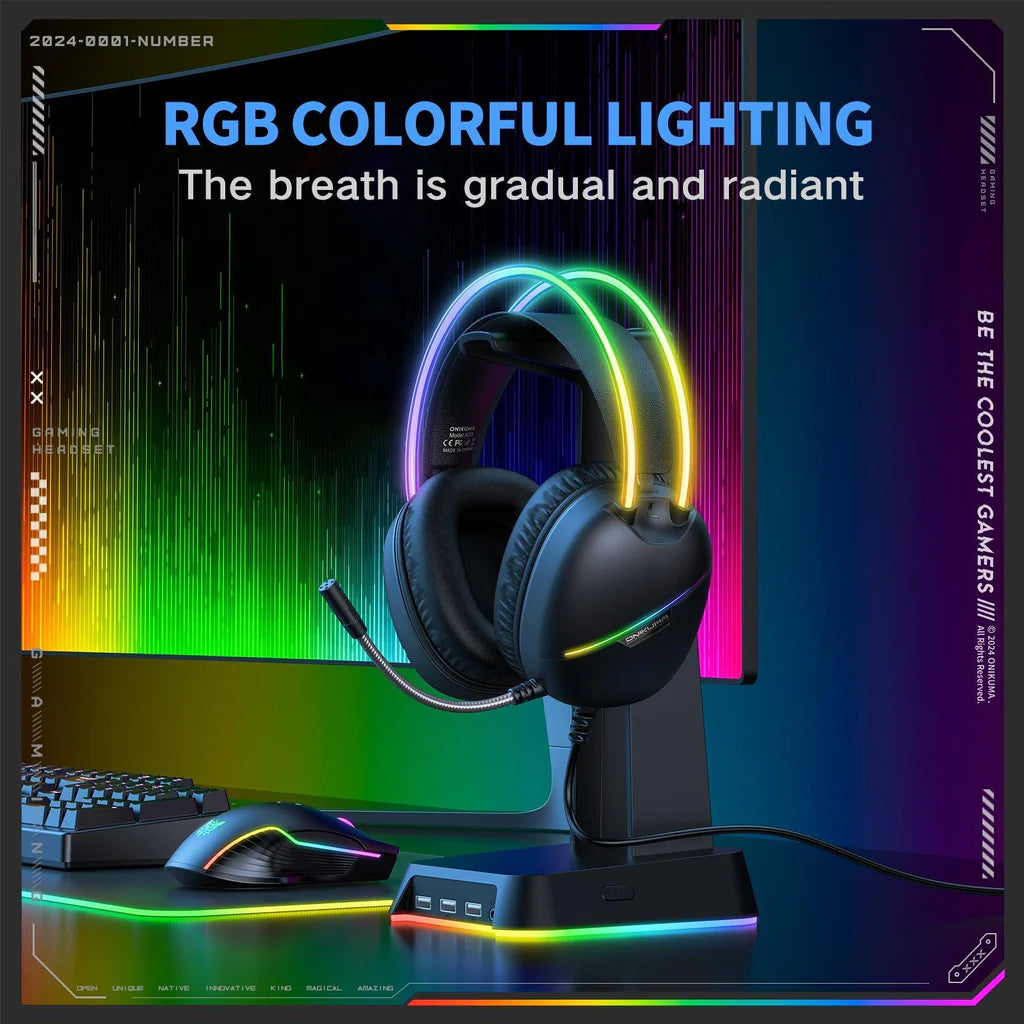 سماعة الألعاب السلكية ONIKUMA X33 مع مشغلات 50 مم، ووصلة من النوع C، وإضاءة RGB، وكابل USB بطول 2.2 متر - أسود