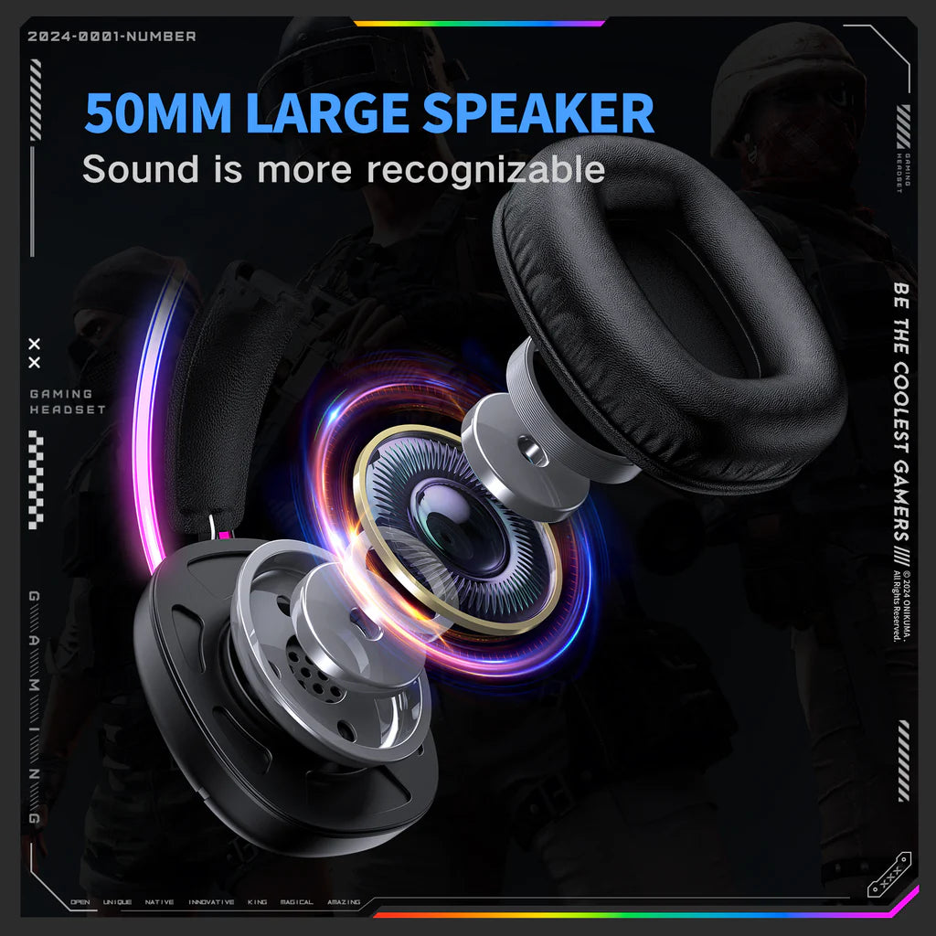 سماعة الألعاب السلكية ONIKUMA X33 مع مشغلات 50 مم، ووصلة من النوع C، وإضاءة RGB، وكابل USB بطول 2.2 متر - أسود