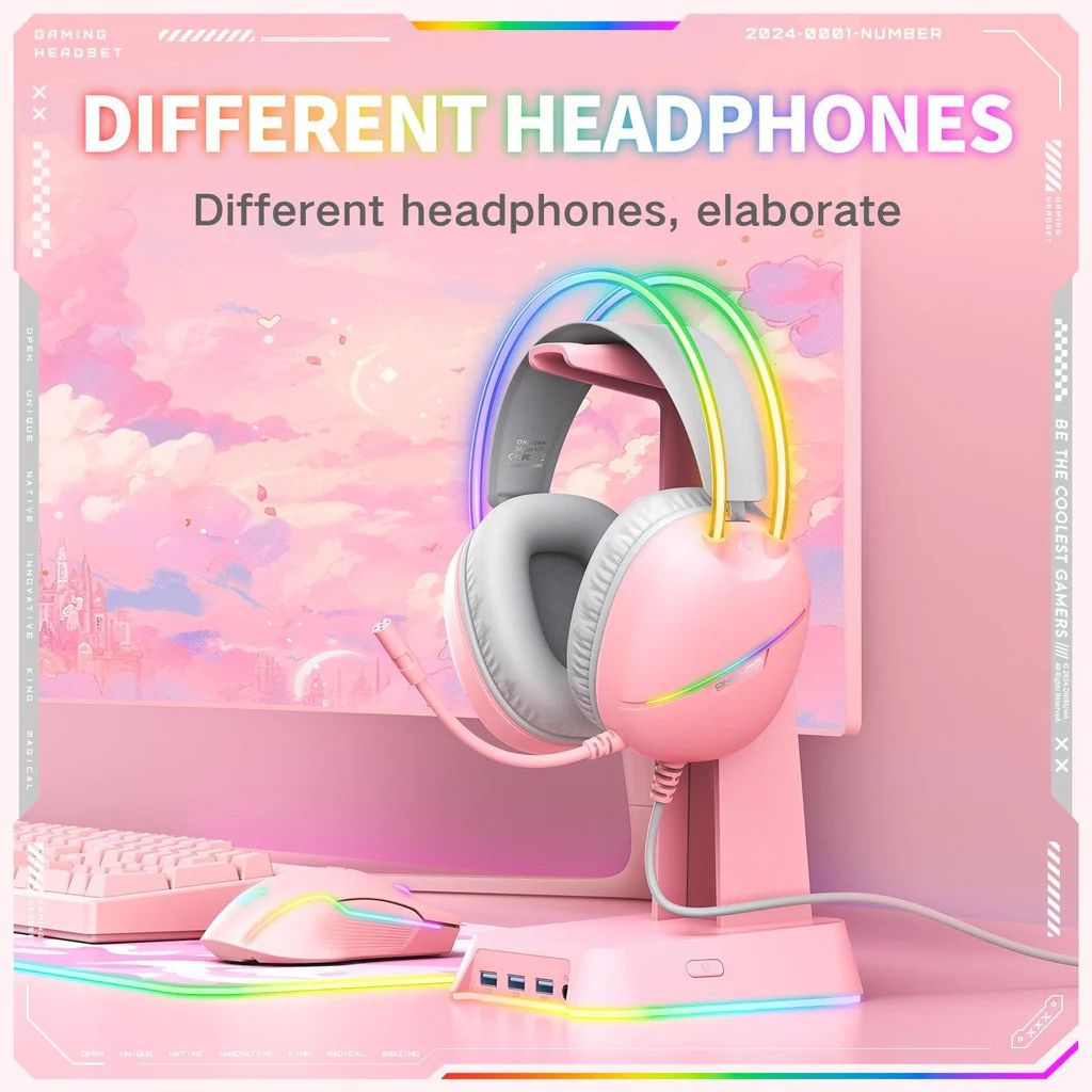سماعة الألعاب السلكية ONIKUMA X33 مع مشغلات 50 مم، ووصلة من النوع C، وإضاءة RGB، وكابل USB بطول 2.2 متر - وردي