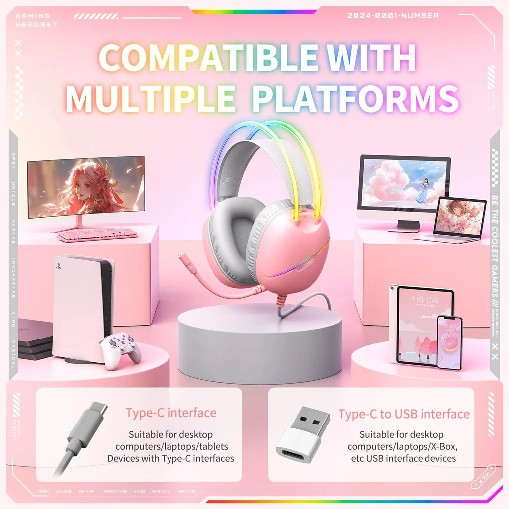 سماعة الألعاب السلكية ONIKUMA X33 مع مشغلات 50 مم، ووصلة من النوع C، وإضاءة RGB، وكابل USB بطول 2.2 متر - وردي