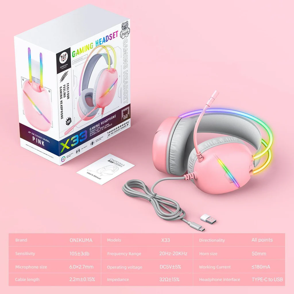 سماعة الألعاب السلكية ONIKUMA X33 مع مشغلات 50 مم، ووصلة من النوع C، وإضاءة RGB، وكابل USB بطول 2.2 متر - وردي