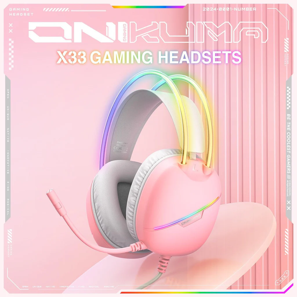 سماعة الألعاب السلكية ONIKUMA X33 مع مشغلات 50 مم، ووصلة من النوع C، وإضاءة RGB، وكابل USB بطول 2.2 متر - وردي