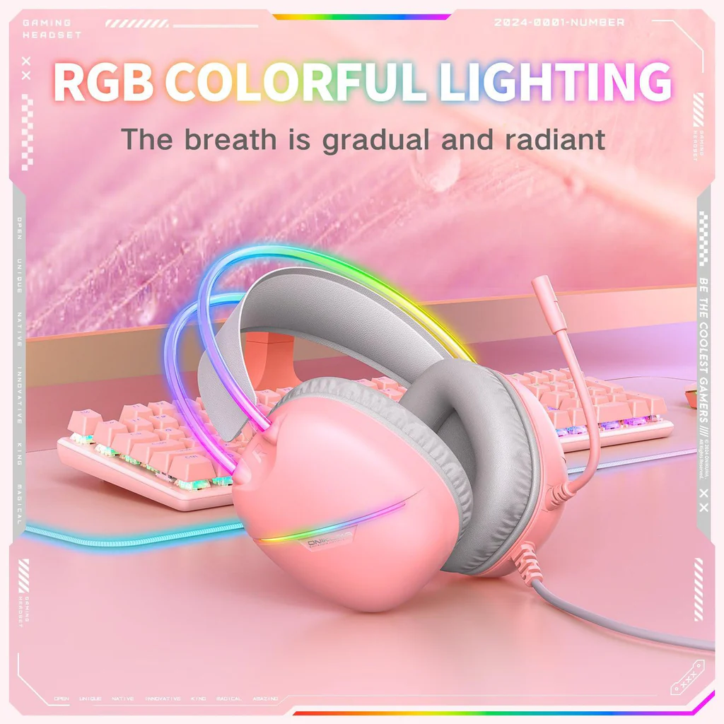 سماعة الألعاب السلكية ONIKUMA X33 مع مشغلات 50 مم، ووصلة من النوع C، وإضاءة RGB، وكابل USB بطول 2.2 متر - وردي