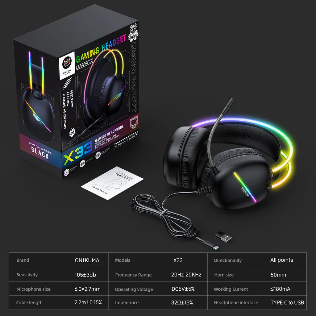 سماعة الألعاب السلكية ONIKUMA X33 مع مشغلات 50 مم، ووصلة من النوع C، وإضاءة RGB، وكابل USB بطول 2.2 متر - أسود