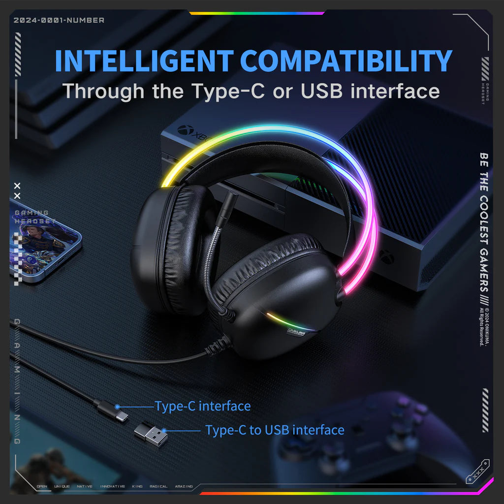 سماعة الألعاب السلكية ONIKUMA X33 مع مشغلات 50 مم، ووصلة من النوع C، وإضاءة RGB، وكابل USB بطول 2.2 متر - أسود