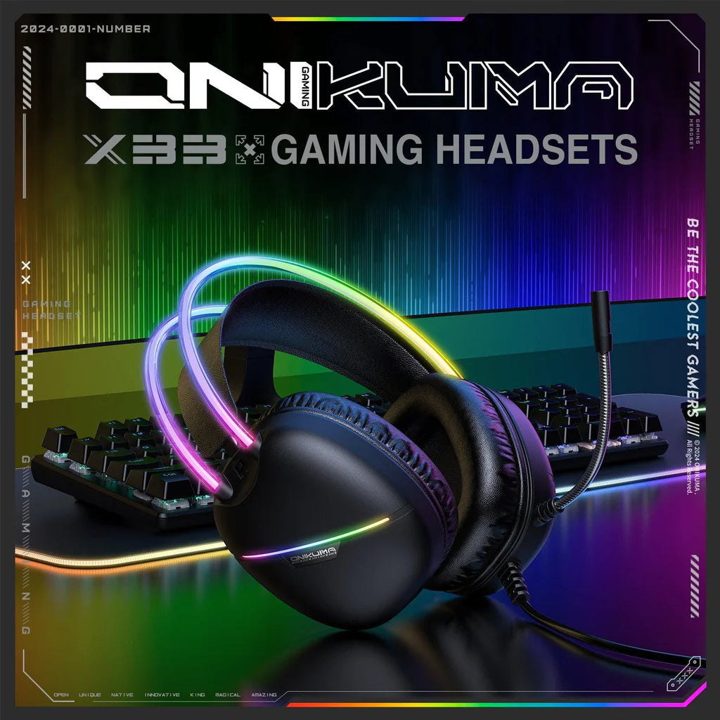سماعة الألعاب السلكية ONIKUMA X33 مع مشغلات 50 مم، ووصلة من النوع C، وإضاءة RGB، وكابل USB بطول 2.2 متر - أسود