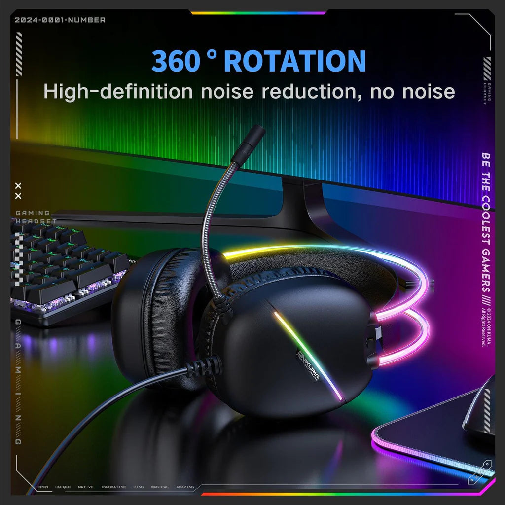 سماعة الألعاب السلكية ONIKUMA X33 مع مشغلات 50 مم، ووصلة من النوع C، وإضاءة RGB، وكابل USB بطول 2.2 متر - أسود