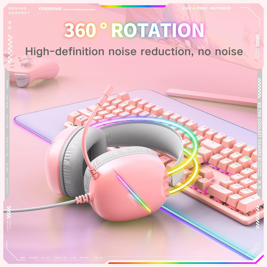 سماعة الألعاب السلكية ONIKUMA X33 مع مشغلات 50 مم، ووصلة من النوع C، وإضاءة RGB، وكابل USB بطول 2.2 متر - وردي