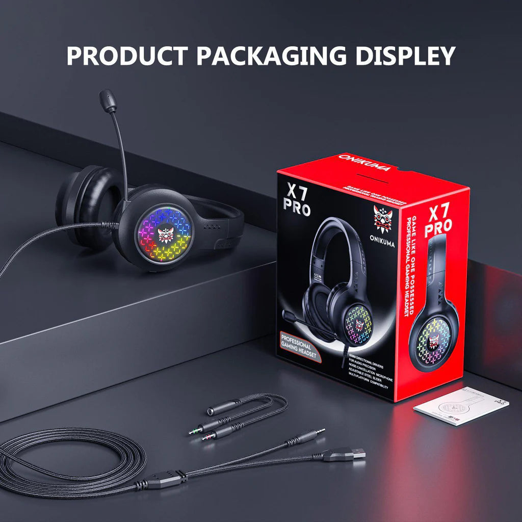 سماعة الألعاب السلكية ONIKUMA X7 PRO مع إضاءة RGB وكابل 2.1 متر - أسود
