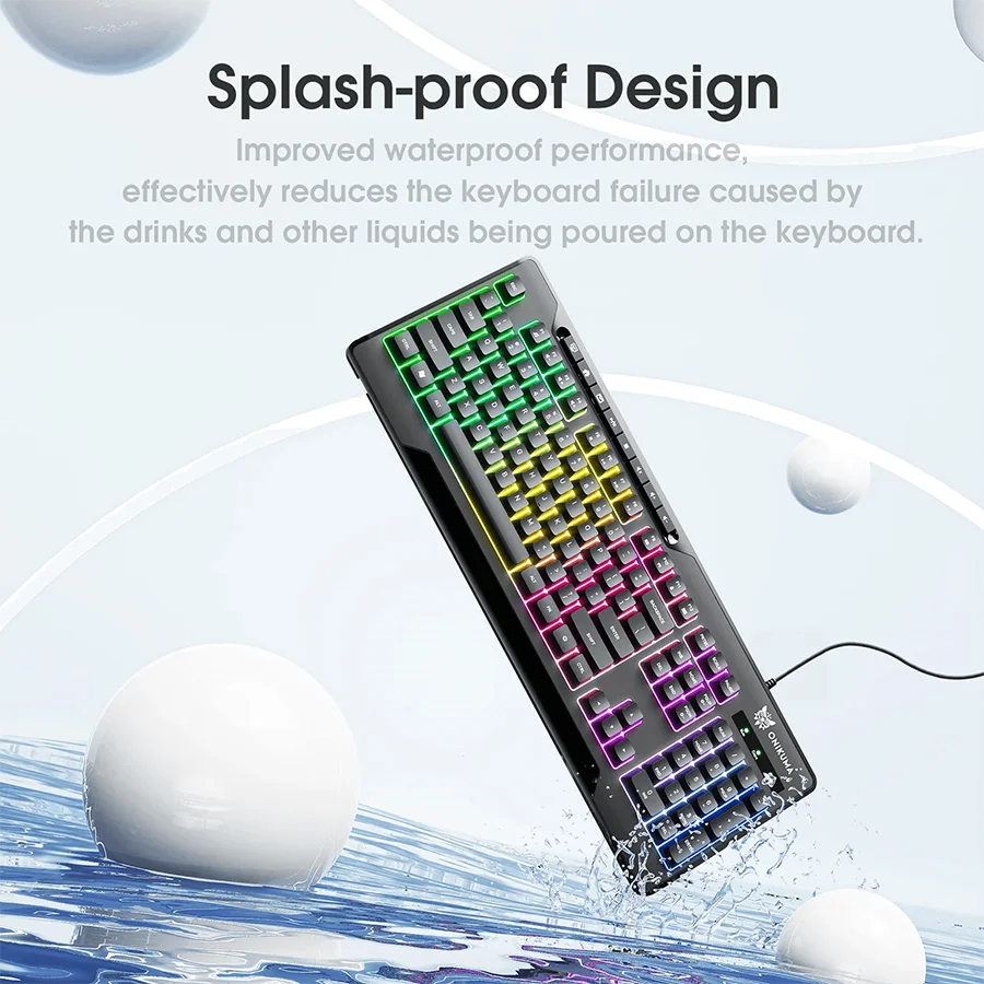 لوحة مفاتيح الألعاب السلكية ONIKUMA G32 بإضاءة خلفية RGB، و104 مفاتيح، وتحكم بالوسائط المتعددة، وكابل بطول 1.35 متر - أسود