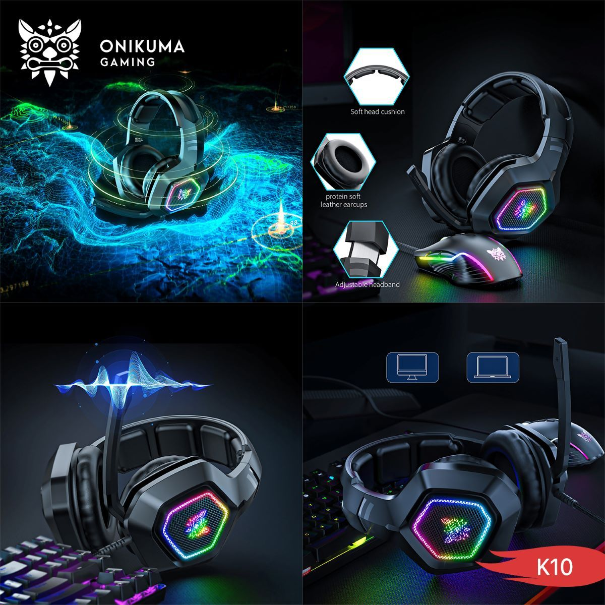 سماعة الألعاب السلكية ONIKUMA K10 مع إضاءة RGB وميكروفون مدمج وكابل بطول 1.5 متر - أسود