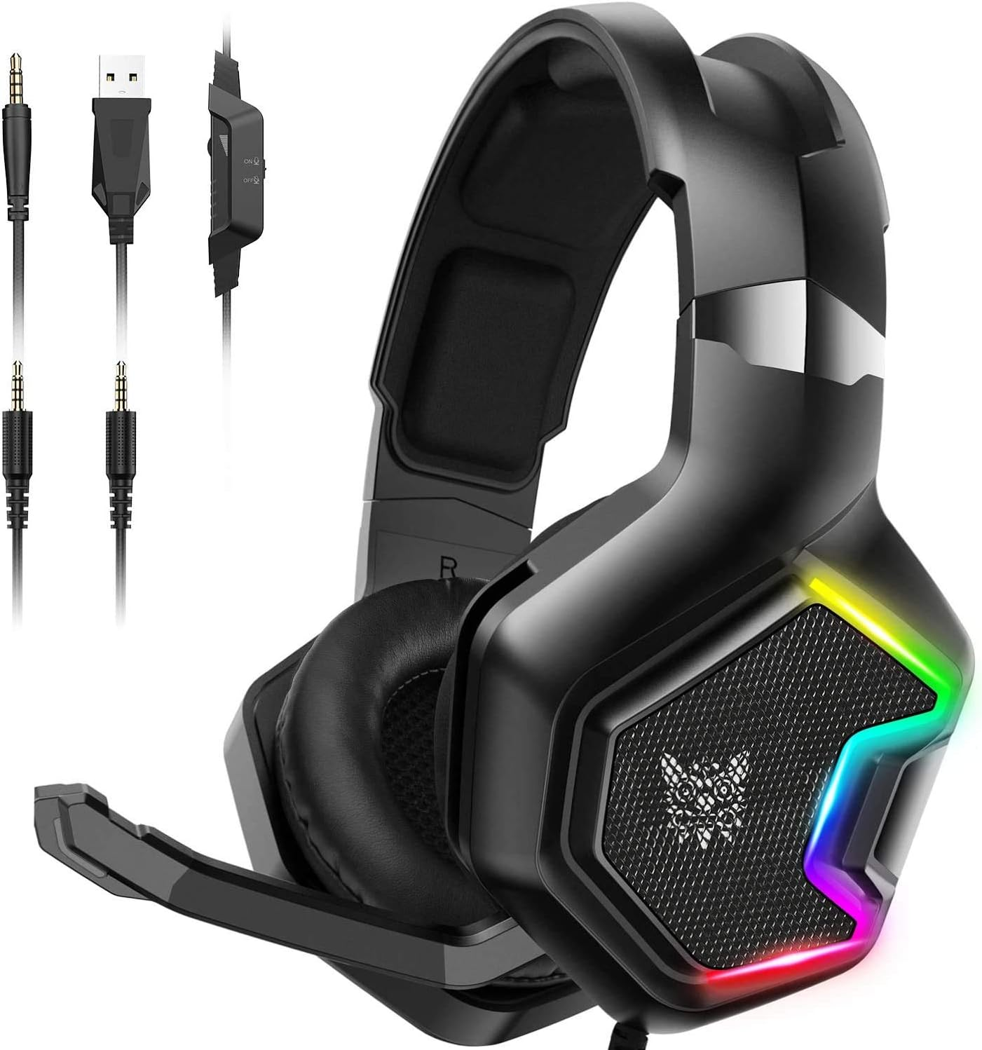 سماعة الألعاب السلكية ONIKUMA K10 PRO مع إضاءة RGB وميكروفون مدمج وكابل 3.5 مم بطول 2.2 متر - أسود