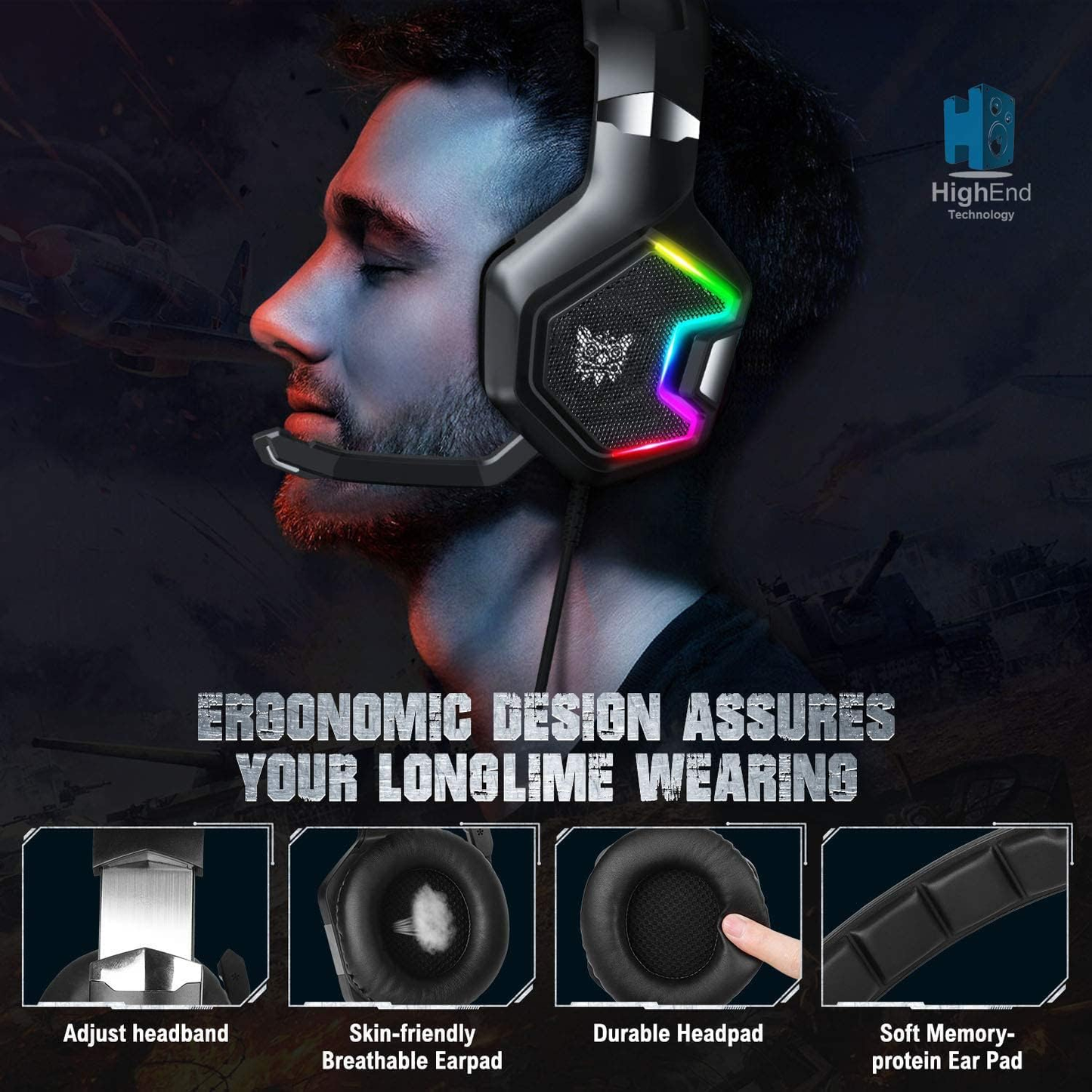 سماعة الألعاب السلكية ONIKUMA K10 PRO مع إضاءة RGB وميكروفون مدمج وكابل 3.5 مم بطول 2.2 متر - أسود