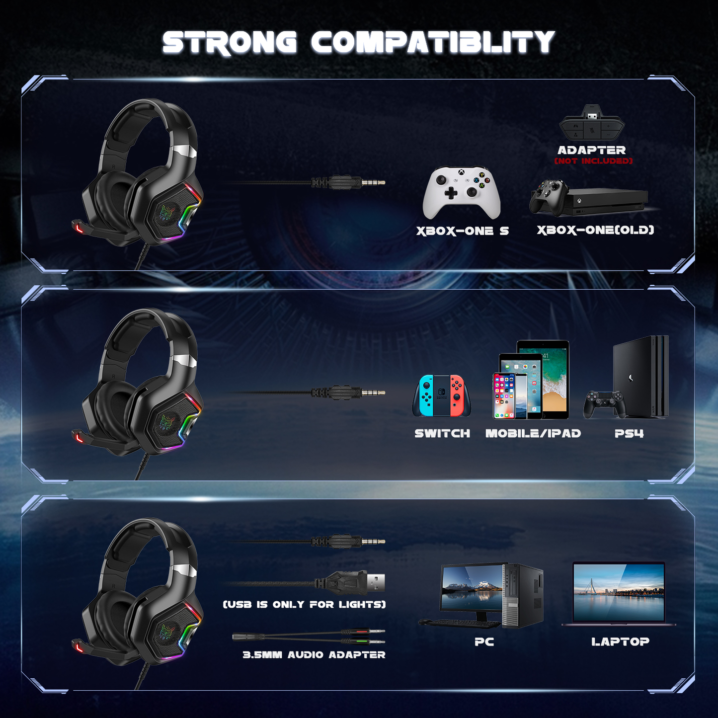 سماعة الألعاب السلكية ONIKUMA K10 PRO مع إضاءة RGB وميكروفون مدمج وكابل 3.5 مم بطول 2.2 متر - أسود