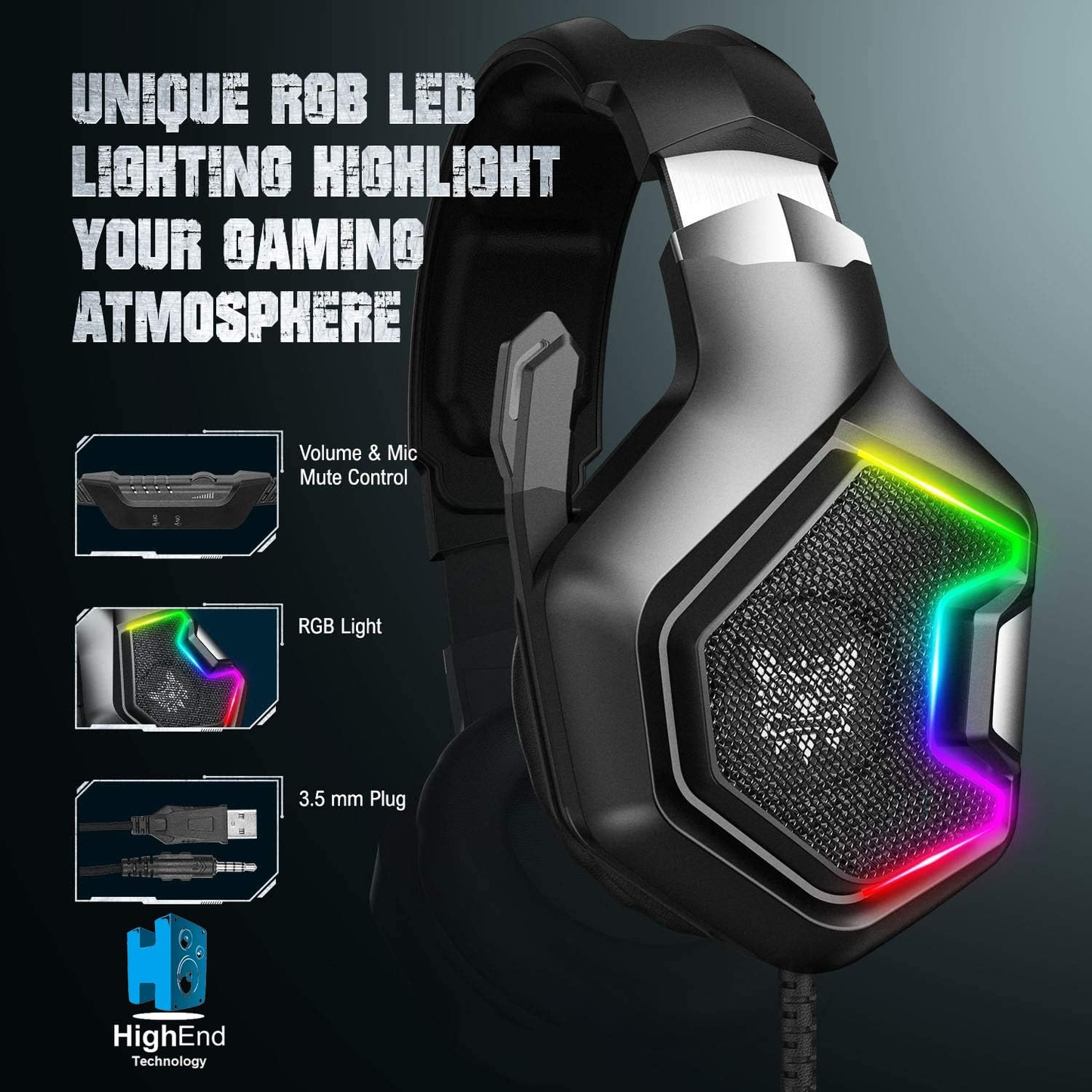 سماعة الألعاب السلكية ONIKUMA K10 PRO مع إضاءة RGB وميكروفون مدمج وكابل 3.5 مم بطول 2.2 متر - أسود
