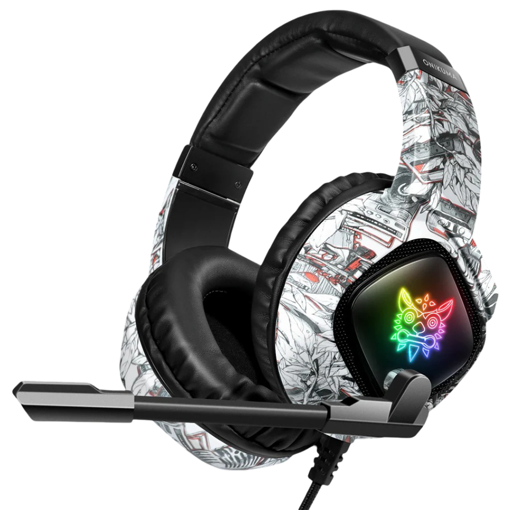 ONIKUMA K19 Wired Gaming Headset with RGB Lighting, Built-in Mic, USB and 3.5mm Connection, and 2.2m Cable – White