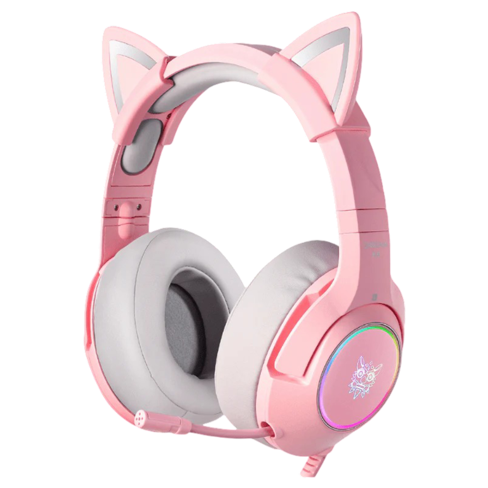 ONIKUMA K9 Wired Gaming Headset with RGB Lighting, Cat Ear Design, Noise Cancelling Mic, and 2.2m 3.5mm Cable – Pink
