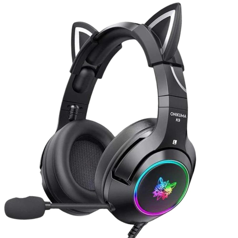 ONIKUMA K9 Wired Gaming Headset with RGB Lighting, Cat Ear Design, Noise Cancelling Mic, and 2.2m 3.5mm Cable – Black