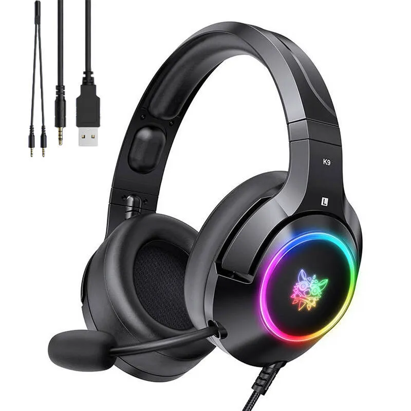 سماعة الألعاب السلكية ONIKUMA K9 مع إضاءة RGB وميكروفون مدمج ومنفذ USB ومنفذ 3.5 مم وكابل 2.2 متر - أسود