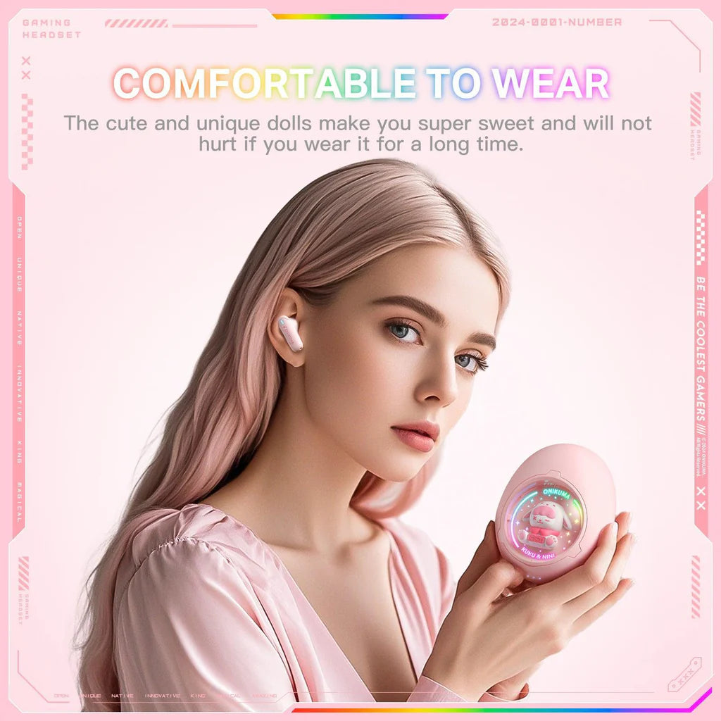 سماعات أذن لاسلكية ONIKUMA T302 مزودة بتقنية بلوتوث 5.3 وإضاءة RGB وأغطية DIY وبطارية تدوم 5 ساعات - وردي
