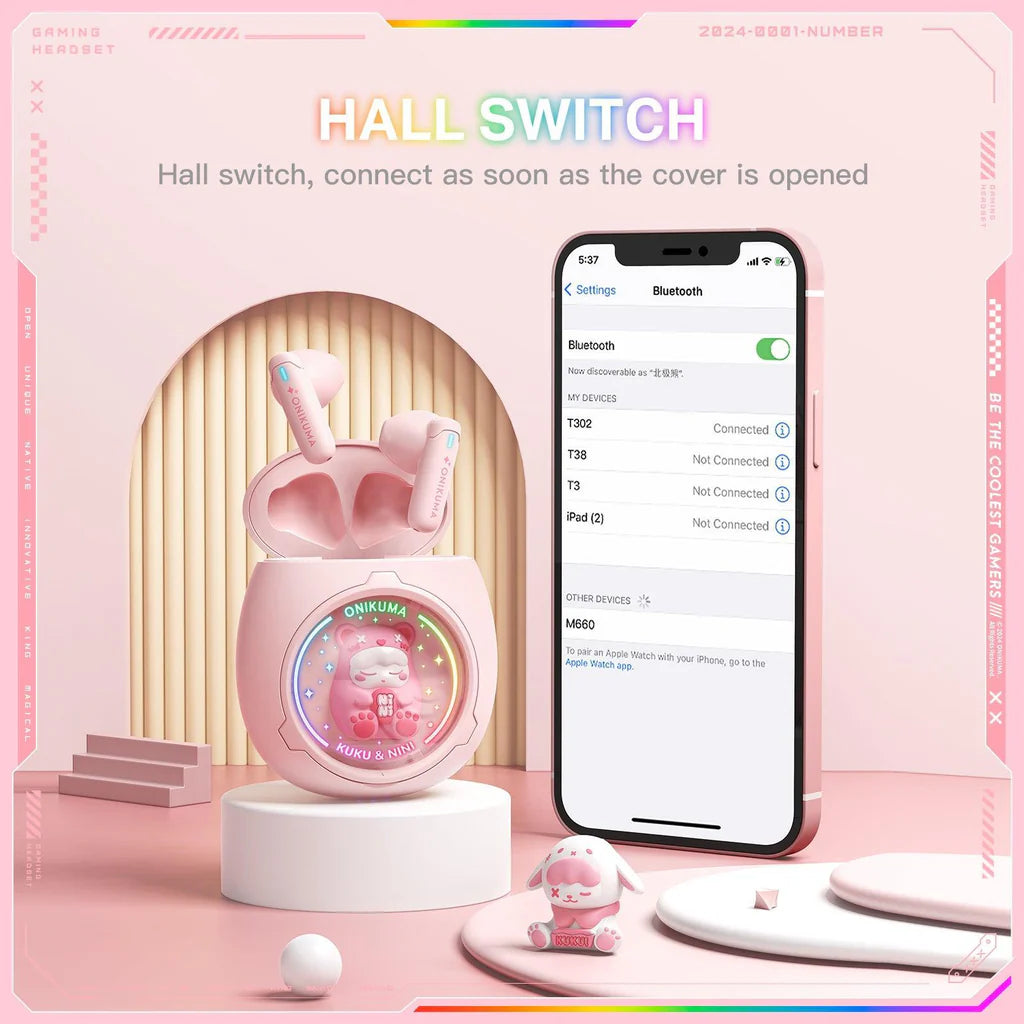 سماعات أذن لاسلكية ONIKUMA T302 مزودة بتقنية بلوتوث 5.3 وإضاءة RGB وأغطية DIY وبطارية تدوم 5 ساعات - وردي