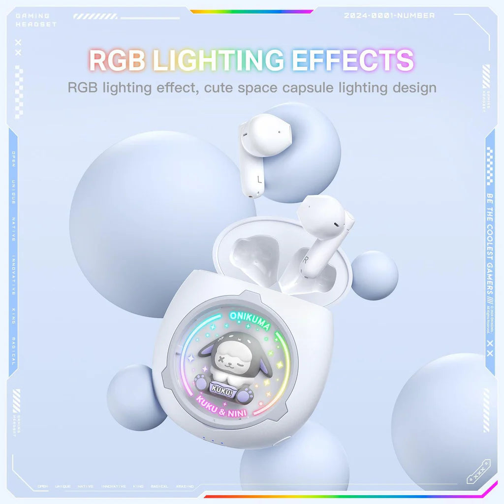 سماعات أذن لاسلكية ONIKUMA T302 مزودة بتقنية بلوتوث 5.3 وإضاءة RGB وأغطية DIY وبطارية تدوم 5 ساعات - بيضاء