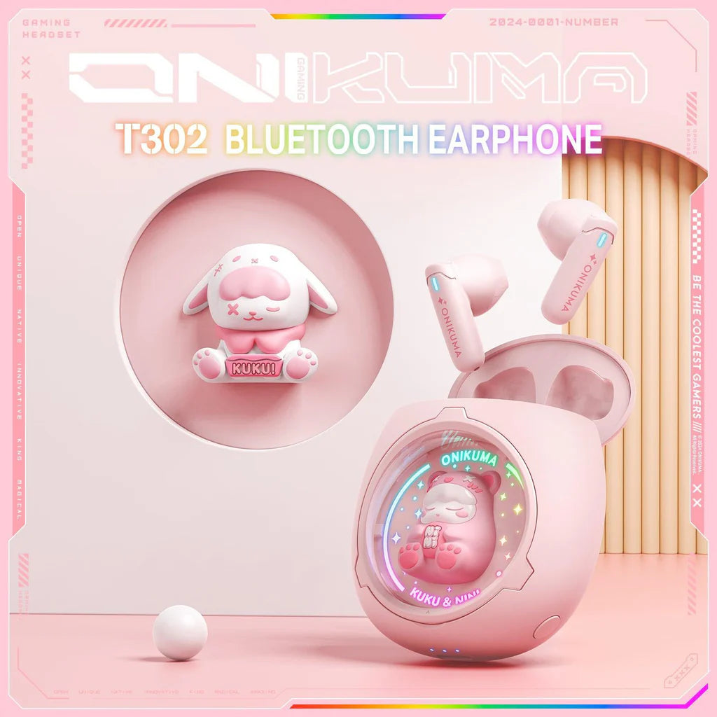 سماعات أذن لاسلكية ONIKUMA T302 مزودة بتقنية بلوتوث 5.3 وإضاءة RGB وأغطية DIY وبطارية تدوم 5 ساعات - وردي