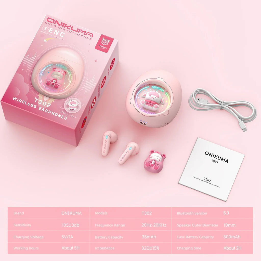 سماعات أذن لاسلكية ONIKUMA T302 مزودة بتقنية بلوتوث 5.3 وإضاءة RGB وأغطية DIY وبطارية تدوم 5 ساعات - وردي
