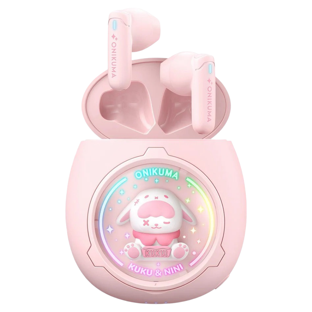 ONIKUMA T302 Wireless Earbuds with Bluetooth 5.3, RGB Lighting, DIY Shells, and 5-Hour Battery – Pink