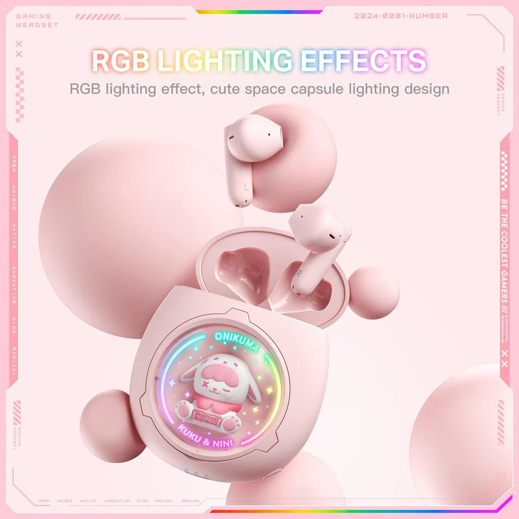 سماعات أذن لاسلكية ONIKUMA T302 مزودة بتقنية بلوتوث 5.3 وإضاءة RGB وأغطية DIY وبطارية تدوم 5 ساعات - وردي