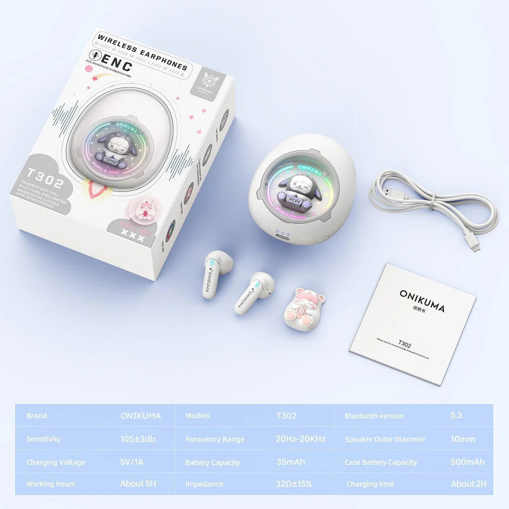 سماعات أذن لاسلكية ONIKUMA T302 مزودة بتقنية بلوتوث 5.3 وإضاءة RGB وأغطية DIY وبطارية تدوم 5 ساعات - بيضاء