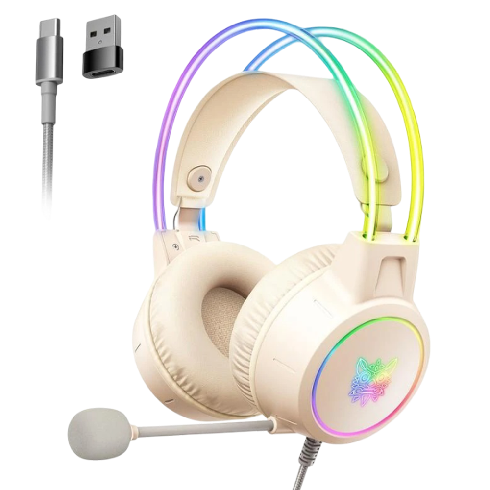 ONIKUMA X15 PRO Wired Gaming Headset with RGB Headband Lighting, Type-C and USB Connection, and 2.2m Cable – Beige