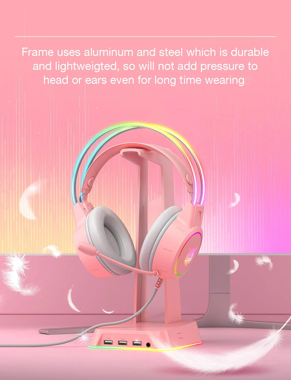 سماعة رأس سلكية للألعاب ONIKUMA X15 PRO مزودة بإضاءة RGB، واتصال من النوع C وUSB، وكابل بطول 2.2 متر - وردي