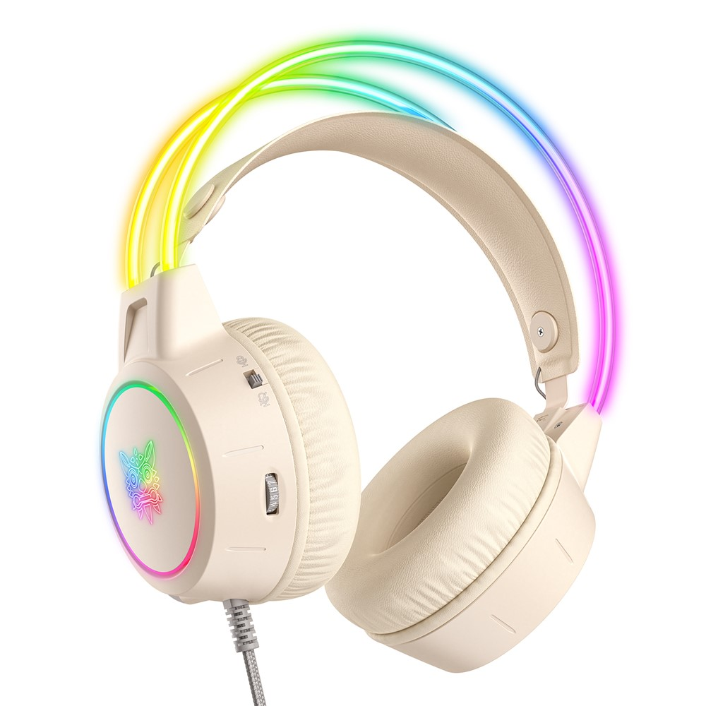 سماعة الألعاب السلكية ONIKUMA X15 PRO مع إضاءة RGB، واتصال من النوع C وUSB، وكابل بطول 2.2 متر - بيج