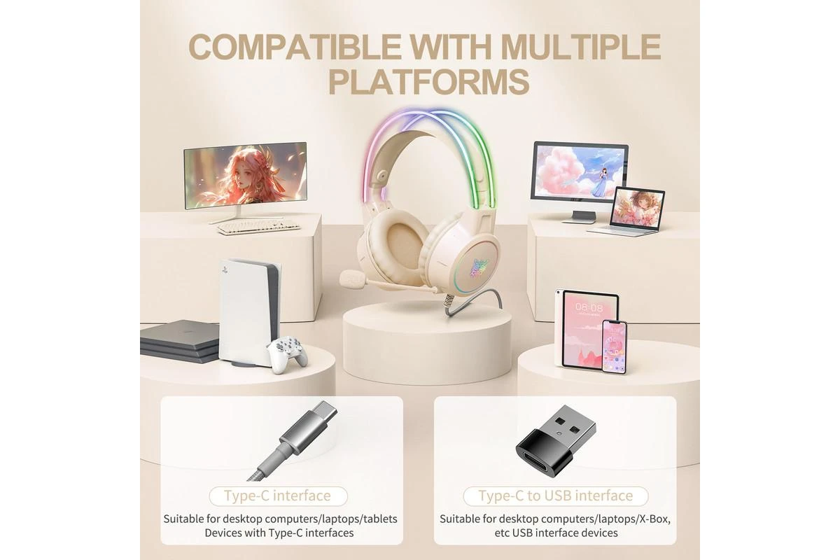 سماعة الألعاب السلكية ONIKUMA X15 PRO مع إضاءة RGB، واتصال من النوع C وUSB، وكابل بطول 2.2 متر - بيج